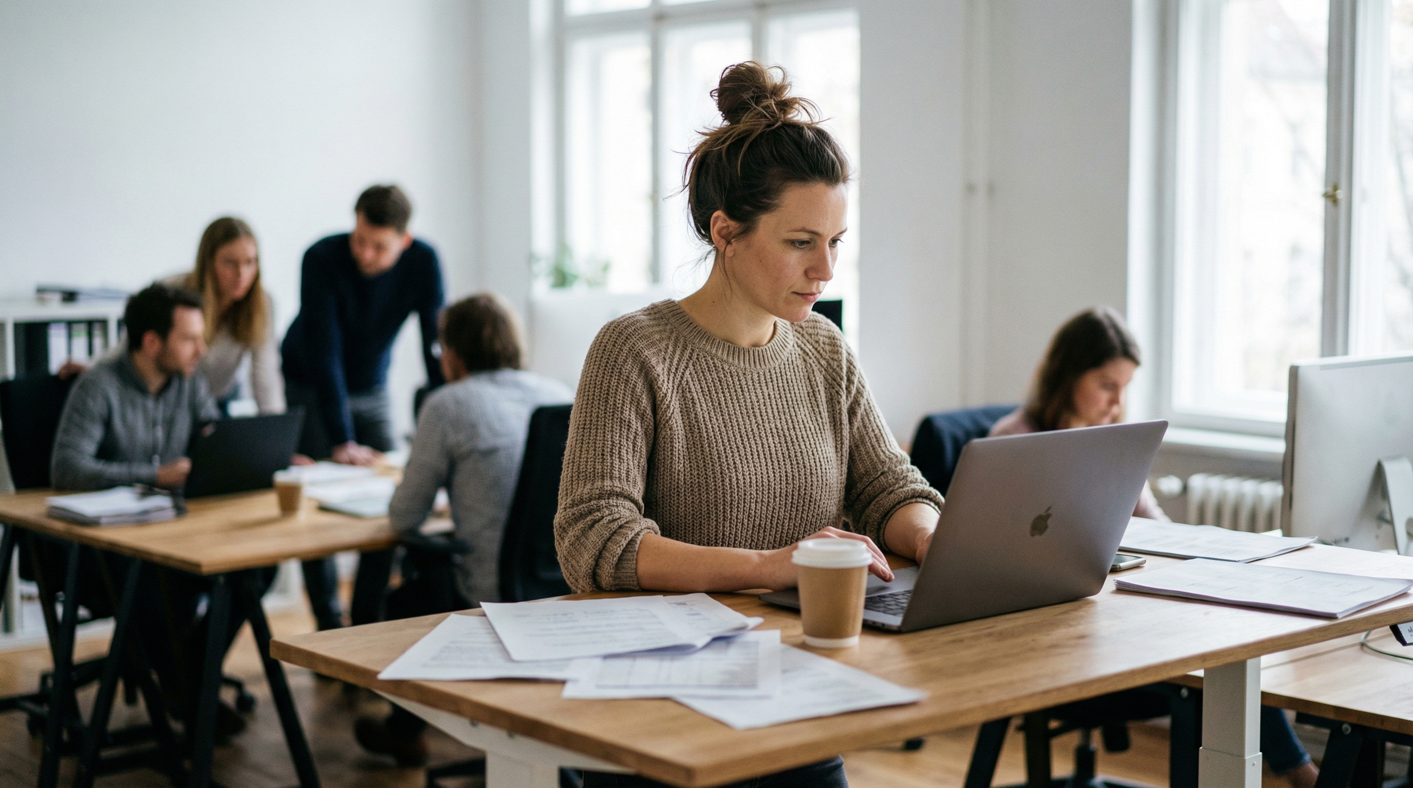 Frau arbeitet konzentriert am Laptop in einem offenen Büro in Deutschland