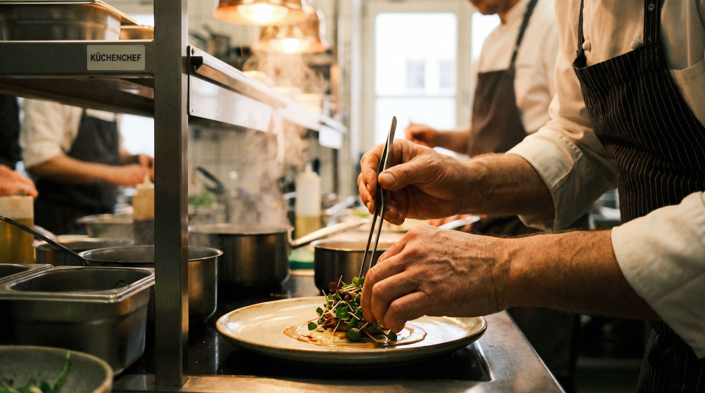 Koch richtet ein Gericht an in einer professionellen Restaurantküche