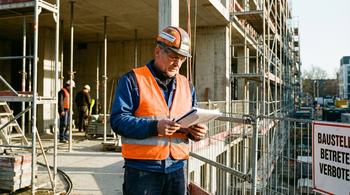 Handwerker mit Schutzhelm prüft Unterlagen auf einer deutschen Baustelle