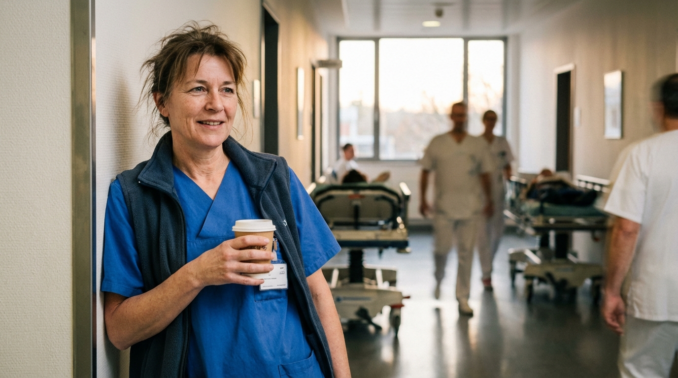 Krankenschwester in blauer Arbeitskleidung in einem deutschen Krankenhausflur