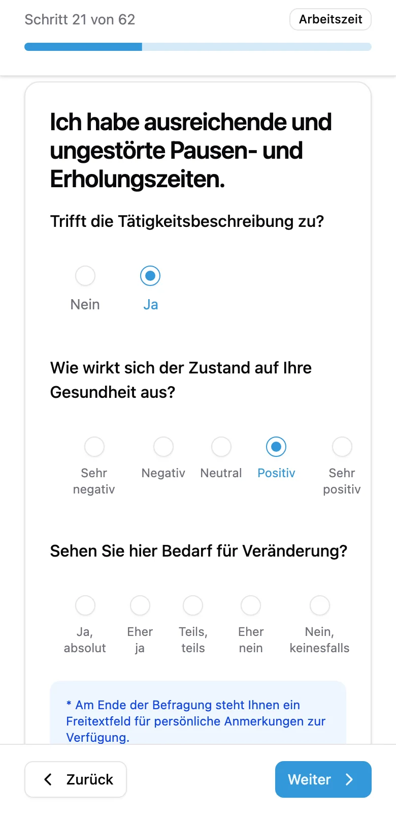 Fragebogen auf dem Handy, wie ihn die Beschäftigten Ihres Kunden sehen: Aussage zu Pausen- und Erholungszeiten mit drei Antwortskalen.