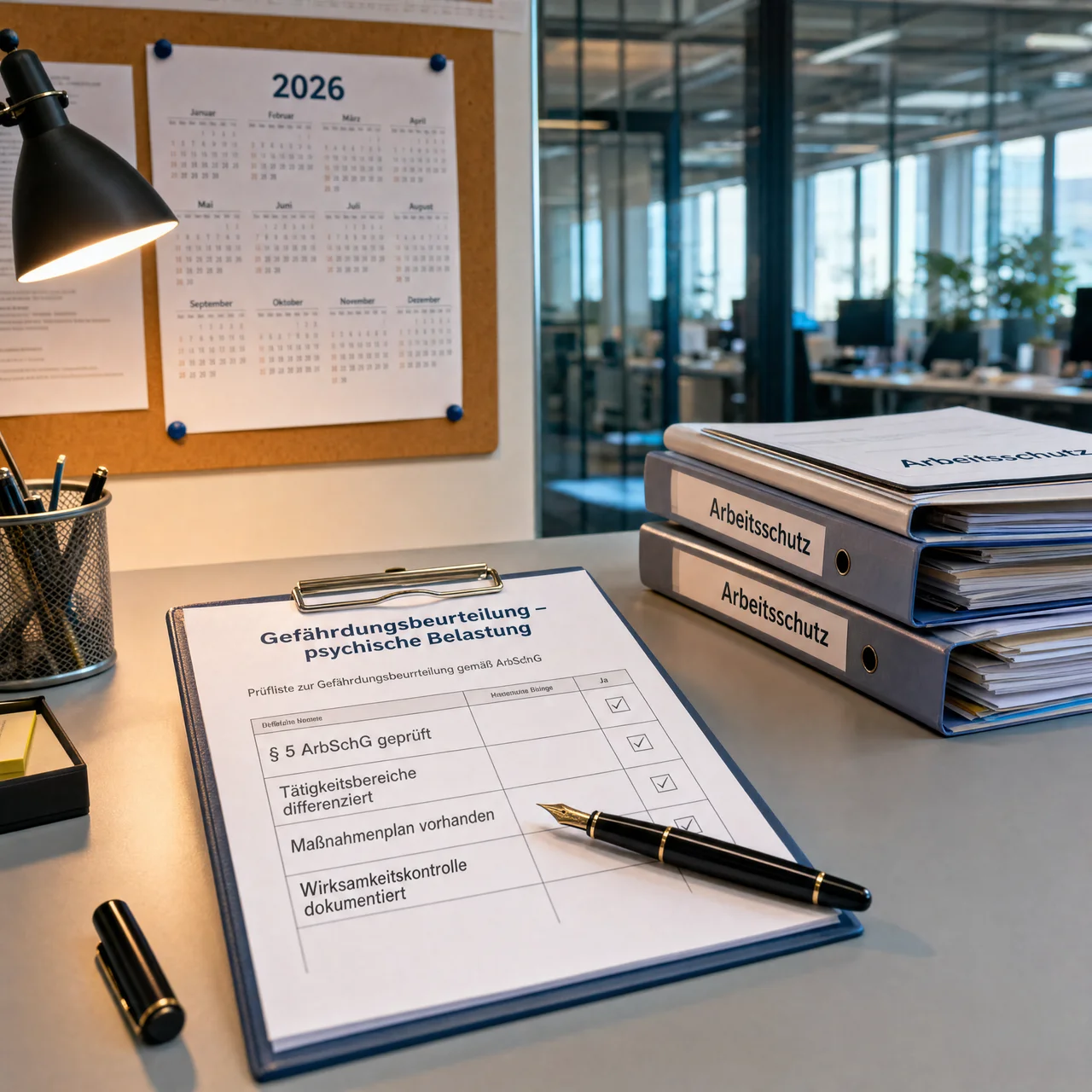 Klemmbrett mit Prüfliste „Gefährdungsbeurteilung – psychische Belastung" gemäß § 5 ArbSchG, Aktenordner „Arbeitsschutz" und 2026-Kalender auf einem Behördenschreibtisch – Symbolbild zur 5-Prozent-Mindestbesichtigungsquote des Arbeitsschutzkontrollgesetzes