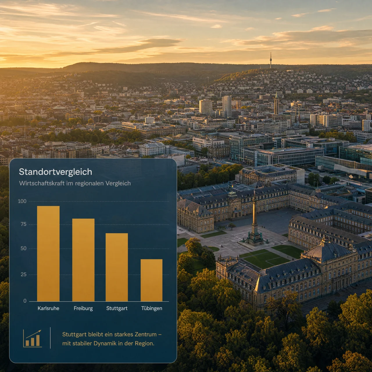 Luftaufnahme Stuttgart mit Neuem Schloss und Standortvergleichs-Diagramm der Regierungsbezirke Karlsruhe, Freiburg, Stuttgart und Tübingen – Symbolbild zur Auswertung des Jahresberichts der Gewerbeaufsicht Baden-Württemberg 2023