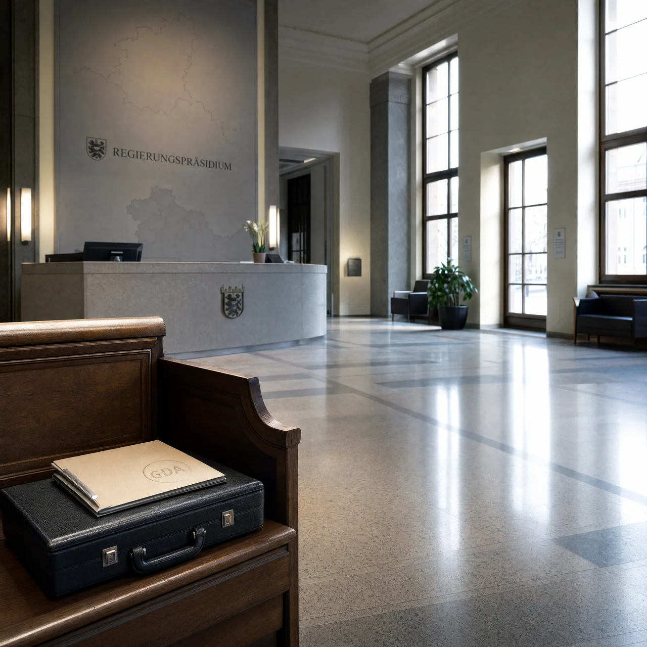 Empfangshalle eines Regierungspräsidiums mit klassischer Architektur, Aktenkoffer und leerer Sitzbank – Symbolbild zur behördlichen Prüfung der psychischen Gefährdungsbeurteilung 2026