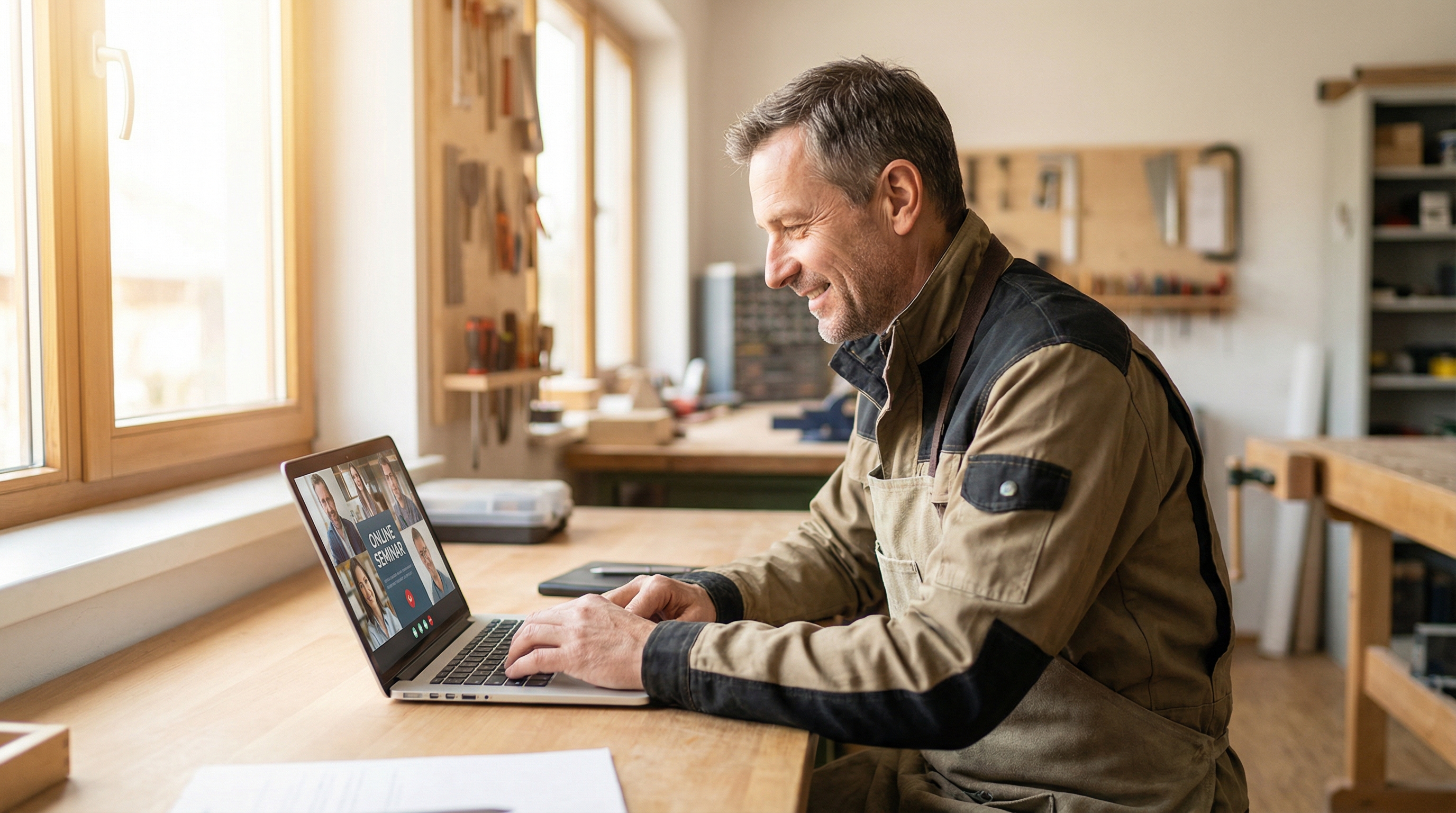 Handwerker nimmt an Online-Seminar zur psychischen Gefährdungsbeurteilung teil