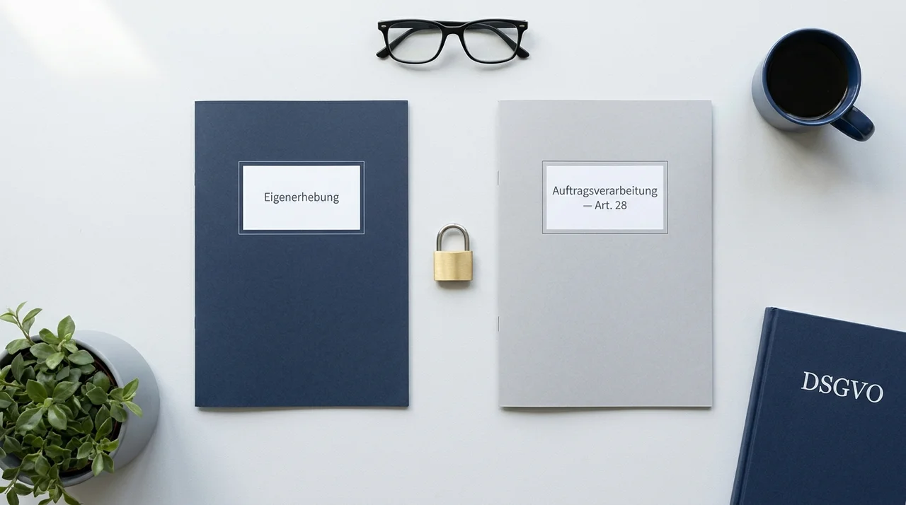 Zwei Mappen nebeneinander beschriftet 'Eigenerhebung' und 'Auftragsverarbeitung — Art. 28', mit einem brassfarbenen Schloss als Trennungssymbol — die architektonische Trennung von Erheber und Auswerter